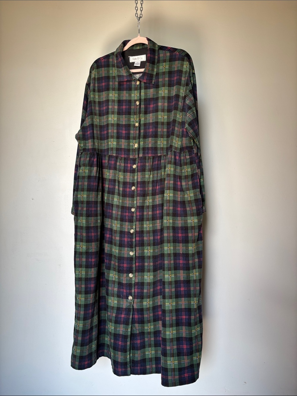 Vintage Green Plaid Long-Sleeve Button-Front Dress With Pockets Size 1X